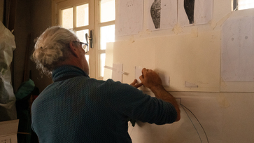 View of the Atelier De Maindis ceramics studio in Biot, terracotta jars in progress